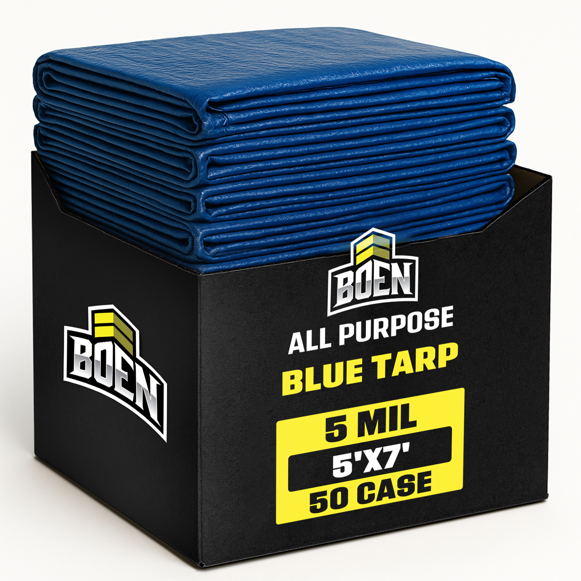 Boen 5 ft x 7 ft Blue Poly Tarp, 50-Pack, 5 Mil Waterproof Multipurpose Tarps, Rope Hem, Reinforced Corners, Grommets Every 36 in, Outdoor Yard Jobsite